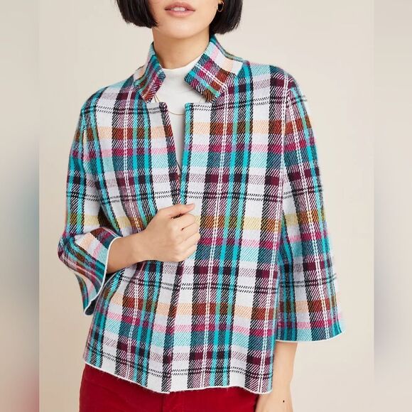 Anthropologie Blue Plaid Cardigan Blazer Size M - Picture 1 of 12